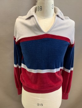 GAP, Lt Gray, Cranberry Red, Navy Blue, Polyester, Stripes - Horizontal , Velour Pull On, V-N, with Polo Collar, L/S, Rib Knit at Wrist and Waist