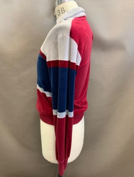 GAP, Lt Gray, Cranberry Red, Navy Blue, Polyester, Stripes - Horizontal , Velour Pull On, V-N, with Polo Collar, L/S, Rib Knit at Wrist and Waist