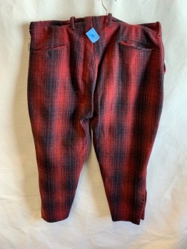 Mens, Pants, DRYBAK, Red, Black, Wool, Plaid, 40, Breeches, Side Pockets, Button Front, 2 Welt Pockets, Perforations for Laces on Side Hems *Missing Laces, Distressed