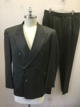 ALBERT NIPON, Dk Olive Grn, Wool, Solid, Double Breasted, Wide Peaked Lapel, 3 Pockets, Solid Dark Olive Lining, Early 1990's