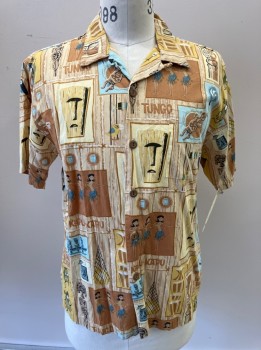 Mens, Hawaiian Shirt, TOES ON THE NOSE, Cream, Lt Brown, Goldenrod Yellow, Aqua Blue, Black, Cotton, Rayon, Novelty Pattern, S, Hula Girls, Tiki Torches, Turtles, Toucans Etc., S/S, B.F., C.A., 1 Pckt,