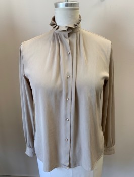 OSCAR DE LA RENTA, Taupe, Polyester, Solid, Crepe, Stand Pleated Collar, B.F., Pearl Shank Btns, L/S, Pleated Shoulders & Cuffs