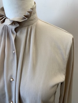 OSCAR DE LA RENTA, Taupe, Polyester, Solid, Crepe, Stand Pleated Collar, B.F., Pearl Shank Btns, L/S, Pleated Shoulders & Cuffs