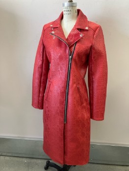 Womens, Coat, FASHION NOVA, M, Red Crocodile Embossed Faux Leather, Off Center Front Zipper, Snap Down Notch Collar, 2 Zip Pckt, Elbow Patches Wrist Zippers, Ankle Length, Back Slit