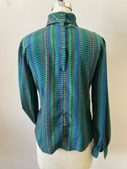 NICOLA, Dark Green with Multicolor Busy Patterned Stripe, Pull On, Button Back, T-neck, Box Pleated CF, L/S with Button Cuffs