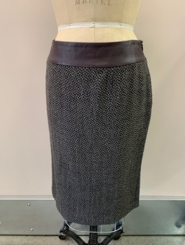 Womens, Skirt, PHILIPPE ADEC, Dk Brown, Wool, 2 Color Weave, 6, W29, Side Zipper, Dark Brown, Black, And Beige Weaving, Dark Brown Leather Waistband, 2 Pleats At Back *Waistband Slightly Worn*