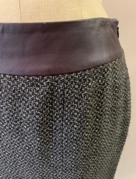 Womens, Skirt, PHILIPPE ADEC, Dk Brown, Wool, 2 Color Weave, 6, W29, Side Zipper, Dark Brown, Black, And Beige Weaving, Dark Brown Leather Waistband, 2 Pleats At Back *Waistband Slightly Worn*