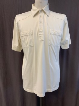 Mens, Polo Shirt, SAHARA, Cream, Cotton, Solid, L, C.A., Half Placket, Button Front, S/S, 2 Pockets,