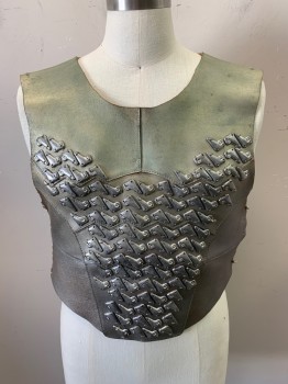 Mens, Breastplate, NO LABEL, Silver, Iridescent Green, Gold, Leather, Metallic/Metal, Ombre, OS, Lace Up Back and Sides, Silver Metal V Shape Embellishments Stitched with Thread on Front and Back, Made To Order, Multiples