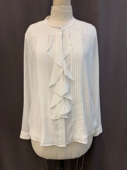 Womens, Blouse, CALVIN KLEIN, White, Polyester, XL, Collar Attached, Button Front, Pleated Front, Ruffle Front, Long Sleeves
