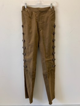 Mens, Sci-Fi/Fantasy Pants, NO LABEL, Brown, Wool, Leather, Solid, 26/34, F.F, Top Pockets, Side Leather Strap With Snap Buttons, Zip Front,