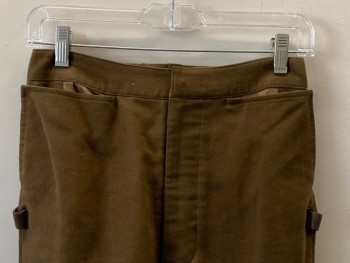 Mens, Sci-Fi/Fantasy Pants, NO LABEL, Brown, Wool, Leather, Solid, 26/34, F.F, Top Pockets, Side Leather Strap With Snap Buttons, Zip Front,