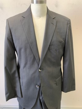 HUGO BOSS, Gray, Wool, Solid, Notched Lapel, 2 Button Front, 3 Pocket  2 Back Vents