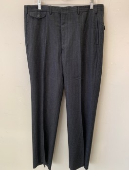 Mens, 1970s Vintage, Suit, Pants, CARROLL  AND COMPANY, Gray, White, Wool, Stripes - Pin, 36/33, F.F, Button Flap Watch Pocket, Straight Side Pockets, 2 back Pockets One with Flap