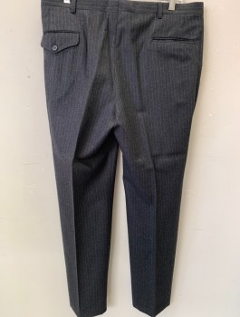 Mens, 1970s Vintage, Suit, Pants, CARROLL  AND COMPANY, Gray, White, Wool, Stripes - Pin, 36/33, F.F, Button Flap Watch Pocket, Straight Side Pockets, 2 back Pockets One with Flap