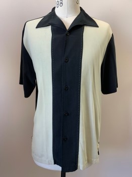 Mens, Casual Shirt, NAT NAST, Black, Beige, Silk, Color Blocking, L, S/S, Button Front, Collar Attached, Top Stitch Detail, Retro 1950s, Multiple