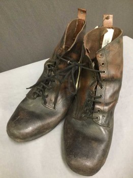 Mens, Boots 1890s-1910s, N/L, Dk Brown, Leather, Mottled, 11, Aged/Distressed,  Thick, Stiff Leather, Lacing/Ties,  No Lining, Rounded Toes,