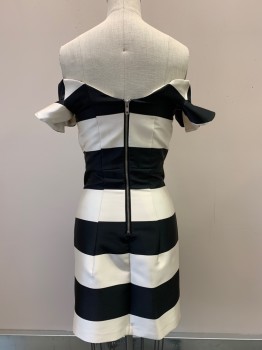 TOP SHOP, Black, Pearl White, Polyester, Stripes - Horizontal , Off The Shoulders, Flared Sleeve, Straight Neckline, Bodycon, Back Zipper,