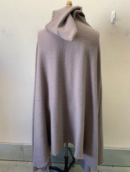 Unisex, Sci-Fi/Fantasy Cape/Cloak, N/L MTO, Putty/Khaki Gray, Wool, Solid, Rough Material, Aged, Raw Edges, Pointy Hood, Open CF with Brown Suede Ties at Neck, Ankle Length, Made To Order