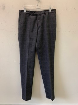 Ted Baker, Black, Charcoal Gray, Red Burgundy, Wool, Plaid-  Windowpane, Flat Front, Side Pockets, Zip Front, Belt Loops