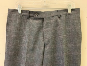 Mens, Suit, Pants, Ted Baker, Black, Charcoal Gray, Red Burgundy, Wool, Plaid-  Windowpane, 32/34, Flat Front, Side Pockets, Zip Front, Belt Loops
