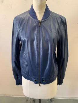 Womens, Leather Jacket, RAMY BROOK, Navy Blue, Leather, M, Mandarin Collar, Zip Front, L/S, Knit Collar & Cuffs