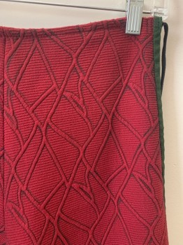 NL, Dk Red, Dk Green, Polyester, Solid, Textured Fabric, Wrap Style, Tie At Side, Dark Green Trim, Aged/Distressed,