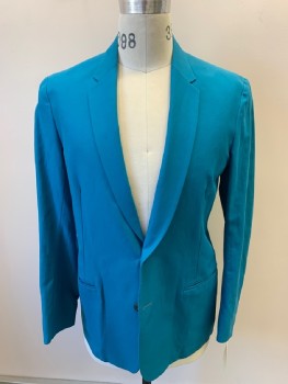 PAUL SMITH, Turquoise Blue, Cotton, Solid, Single Breasted, 2 Bttns, Notched Lapel, 2 Welt Pocket,