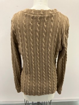 Womens, Sci-Fi/Fantasy Top, N/L, Brown, Tan Brown, Polyester, Cable Knit, L, Band Collar, L/S, Aged " Sweater"