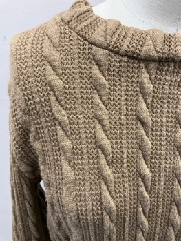 N/L, Brown, Tan Brown, Polyester, Cable Knit, Band Collar, L/S, Aged " Sweater"