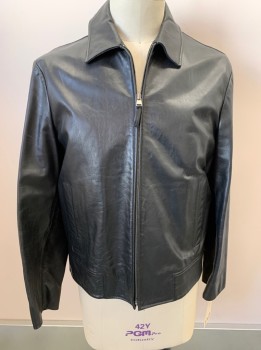 Mens, Leather Jacket, BANANA REPUBLIC, Black, Leather, Solid, L, Zip Front, C.A., Welt Pockets,