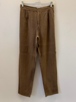 NO LABEL, Brown, Linen, Solid, Pleated Front, Scrunched Waist Band From Back, Zip Front,