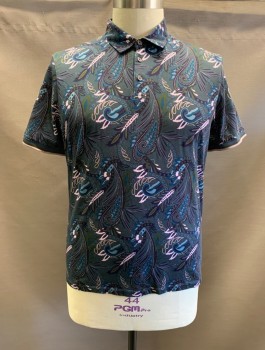 TED BAKER, Dk Gray, Teal Blue, Green, Lt Pink, Cotton, Paisley/Swirls, Leaves/Vines , C.A., 1//4 Button Front, S/S