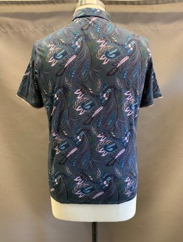 TED BAKER, Dk Gray, Teal Blue, Green, Lt Pink, Cotton, Paisley/Swirls, Leaves/Vines , C.A., 1//4 Button Front, S/S