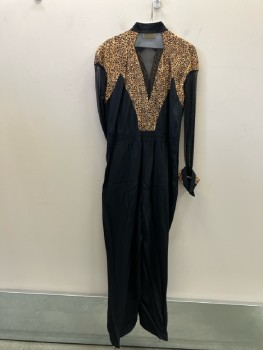 Womens, Jumpsuit, CACHE, W:32, B:38, H:42, Black Rayon with Leopard Accents On Bodice And Sleeve Cuffs, Stand Collar, V-N, Zip Front, Shoulder Pads, Mesh L/S, with Novelty Turned Up Cuffs, Inset Wide Waistband Elastic Rouched In Back, Double Pleats Front Bodice/pant Welt Pocket,