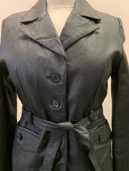 LEATHER WORLD, Black, Leather, Solid, L/S, Button Front, Notched Lapel, Top Pockets, With Matching Belt