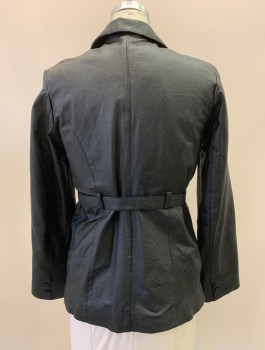 LEATHER WORLD, Black, Leather, Solid, L/S, Button Front, Notched Lapel, Top Pockets, With Matching Belt