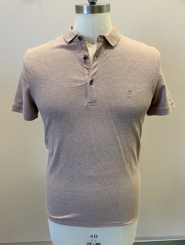 ALL SAINTS, Taupe, Poly/Cotton, Solid, S/S, 3 Buttons, Picque, Small Gray Logo Embroidery