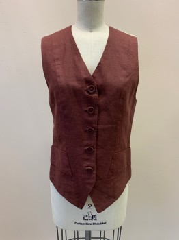 Womens, Vest, LUCIANO TEMPESTA, Maroon Red, Cream, Linen, Solid, Stripes, B32, V-N, Button Front, 2 Pockets,
