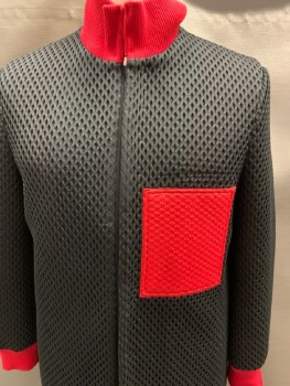 Mens, Jacket, N/L, Black, Red, Silk, Synthetic, Textured Fabric, Ch: 46, Snap Front, Red Patch Pocket, Red Neck & Cuffs