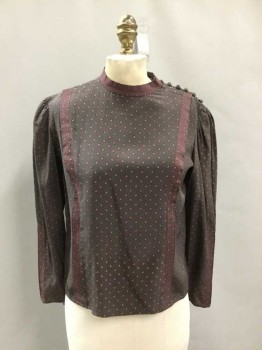 Albert Nipon, Taupe, Red, Mustard Yellow, Off White, Silk, Novelty Pattern, Long Sleeves, Collarless, Red Contrast Stitching, Buttons On Left Shoulder, Snap At Neck, Gathering At Shoulder Seams