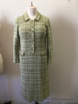 TRIGOSA, Olive Green, Forest Green, Cream, Polyester, Plaid, Plaid Textured Poly Knit. 6 Covered Buttons. Placket Front, Long Sleeves, 2 Pockets with Flaps. Olive, Forest & Cream Trim at Collar and Pocket Flaps.