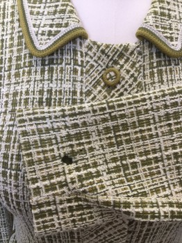 TRIGOSA, Olive Green, Forest Green, Cream, Polyester, Plaid, Plaid Textured Poly Knit. 6 Covered Buttons. Placket Front, Long Sleeves, 2 Pockets with Flaps. Olive, Forest & Cream Trim at Collar and Pocket Flaps.