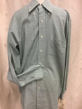Mens, Dress Shirt, TOWNCRAFT, Green, White, Cotton, Polyester, Stripes, 33, 14, Long Sleeves, Button Front, Button Down, Collar Attached, 1 Pocket, Oxford