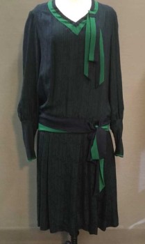 Womens, Dress, M.T.O., Forest Green, Emerald Green, Navy Blue, Silk, W 32, B 36, Sheer Navy Self Textured Over Emerald Green Appears Forest Green, V-neck with Emerald Green Panel Around, Pleated From Shoulders, Attached Stripe Tie Off Center, Long Sleeves Gathered At Extended Cuff, Emerald Green Rimmed Cuff, Self Tie Attached Belt with Emerald Green Stripe, Keyhole Center Back Neck, Pleated Skirt, Hem Mid-calf, 1920s