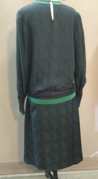 Womens, Dress, M.T.O., Forest Green, Emerald Green, Navy Blue, Silk, W 32, B 36, Sheer Navy Self Textured Over Emerald Green Appears Forest Green, V-neck with Emerald Green Panel Around, Pleated From Shoulders, Attached Stripe Tie Off Center, Long Sleeves Gathered At Extended Cuff, Emerald Green Rimmed Cuff, Self Tie Attached Belt with Emerald Green Stripe, Keyhole Center Back Neck, Pleated Skirt, Hem Mid-calf, 1920s