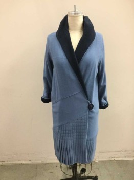 Womens, Coat, M.T.O., Baby Blue, Navy Blue, Solid, B36, L, Made To Order, 1920's Long Sleeves Baby Blue Coat with Navy Shawl Collar/lapel, 1 Navy Button Closure, Navy Rolled Cuff, Angled Accordian Pleated Hem Panel, Line Of Navy Buttons Back Detail