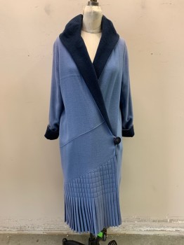 Womens, Coat, M.T.O., Baby Blue, Navy Blue, Solid, B36, L, Made To Order, 1920's Long Sleeves Baby Blue Coat with Navy Shawl Collar/lapel, 1 Navy Button Closure, Navy Rolled Cuff, Angled Accordian Pleated Hem Panel, Line Of Navy Buttons Back Detail