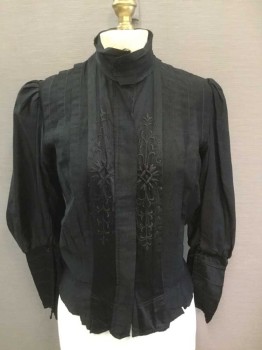 N/L, Black, Silk, Floral, Long Sleeve Button Front with Covered Button Placket, Stand Collar, Vertical 1/2" Wide Pleats At From with Smaller 1/4" Horizontal Pleats At Stand Collar, Black Floral Embroidery Along Center Front, Button Placket, Puffy Gathered Sleeves with Taperred Cuffs,