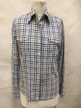 NO LABEL, Off White, Gray, Blue, Brown, Pink, Cotton, Plaid, Long Sleeves, Button Front, Collar Attached, Two Chest Pockets, Late 1970s Early 1980s